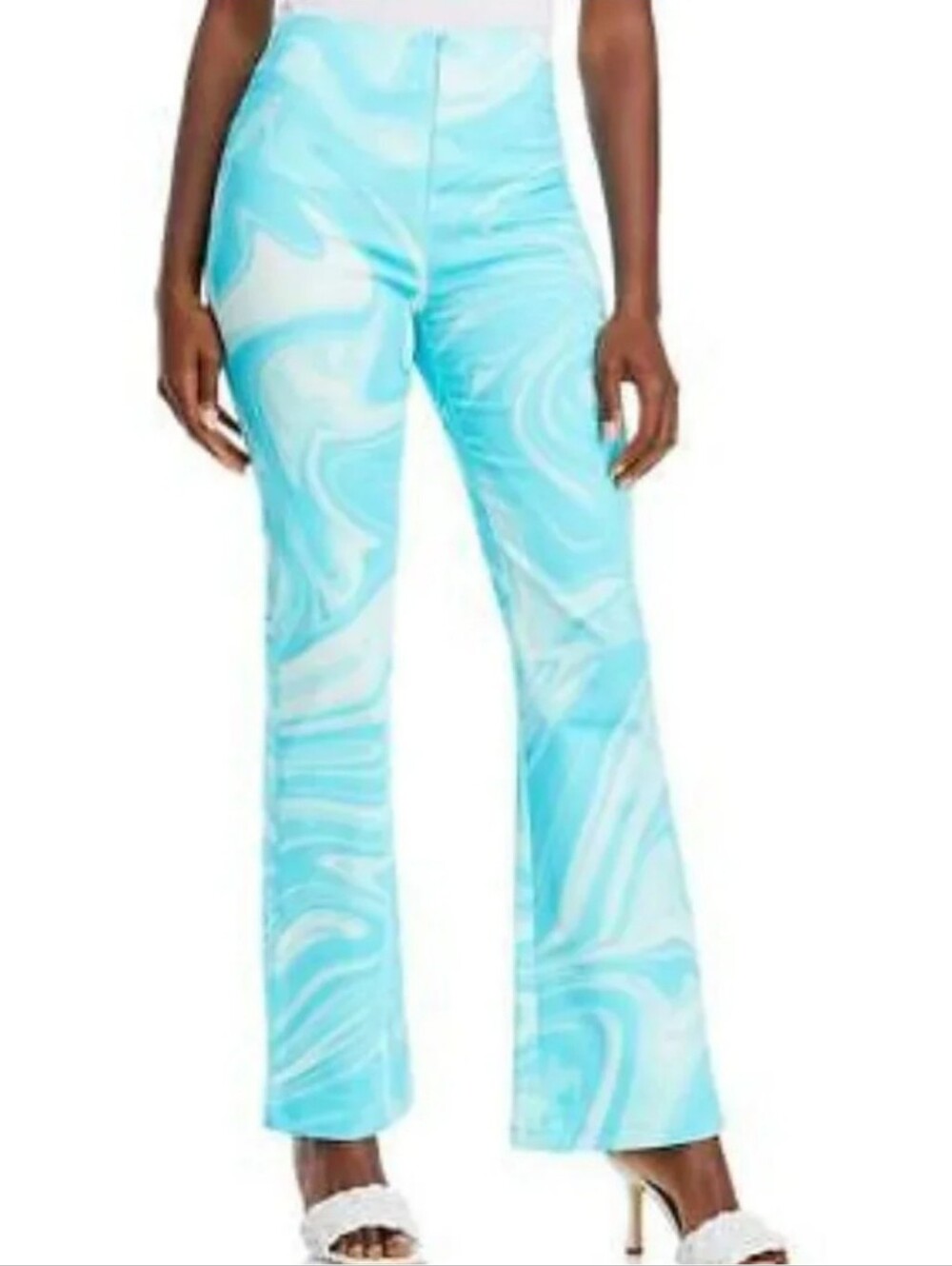 Hosbjerg Vilma Paloma Turquoise Liquid Marble Flare Pants US 8 Large NWT